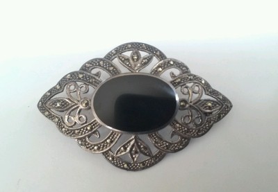 Elegant Marquisite  Blue, Black Onyx  and Silver tone  pins Onyx Marcasite Pin - Etsy main image 3