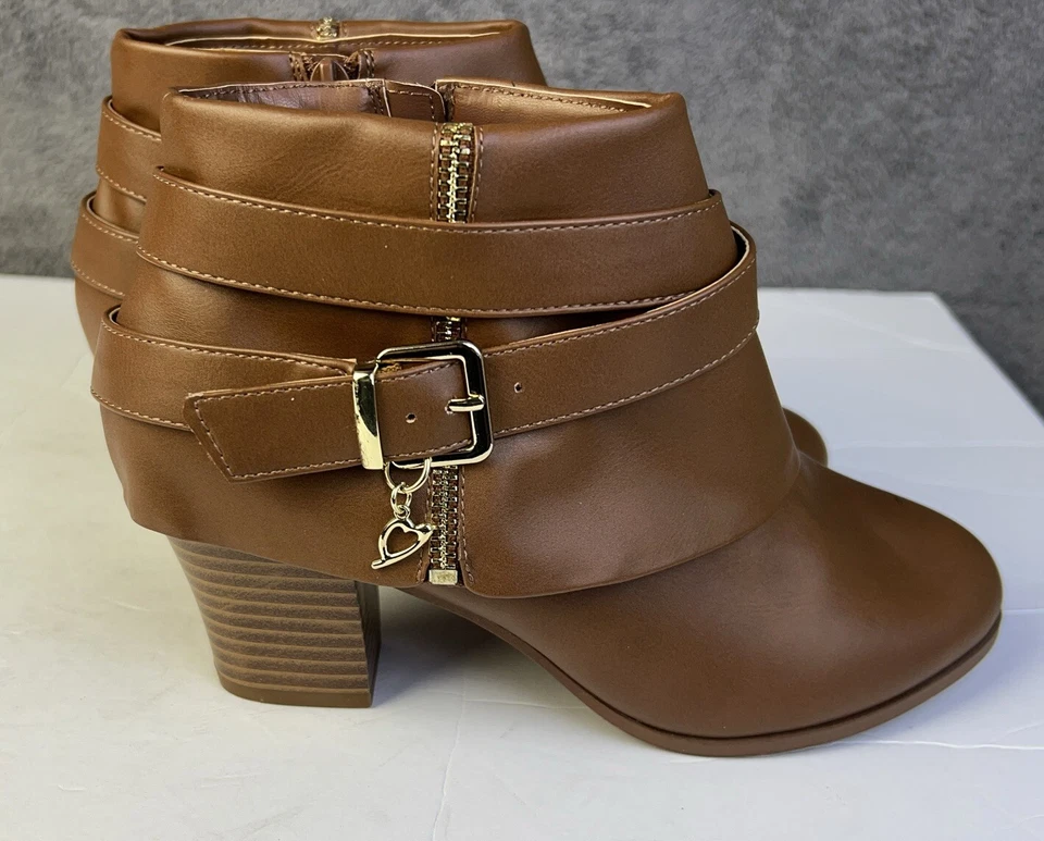 Botines Thalia Sodi para mujer 8,5 camel tacón de cuña 2" cremallera laterales correas Foto 3 de 4