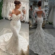 Lace Long Sleeves Mermaid Wedding Dresses Square Neck Backless Bridal Gowns