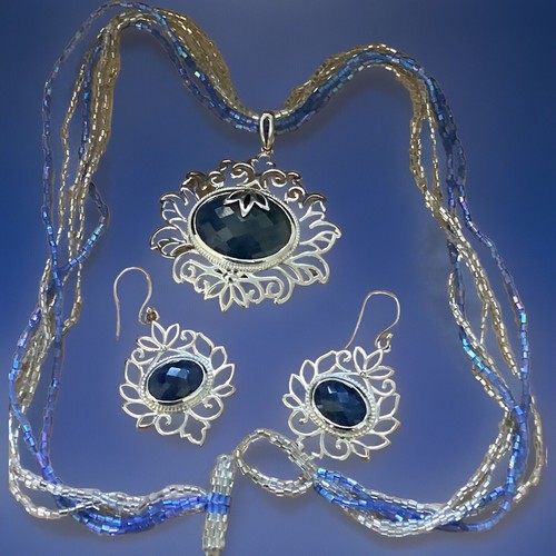PTI 925 Sterling Signed Multi Strand Blue Earrings 19” Necklace Pendant Gemstone