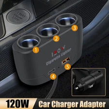 3 Way 120W Multi Car Cigarette Lighter Socket Extension Splitter USB Charger 12V