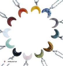 Natural Gem Crescent Moon Pendant Necklace Jewelry Agate Healing Stone Chakra