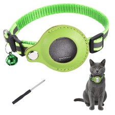 8.7"-13.4" Cat Tracker Collar with Leather Tracker Holder Green