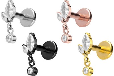 PIERCINGLINE  Piercing Stecker Titan Labret mit Push Fit KNOSPE + KRISTALL