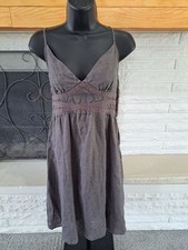 Linen Sleeveless Midi Dress Adjustable Charcoal Gray Brown V-neck Summer Size 6