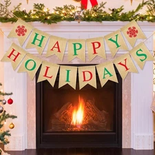 jijAcraft Pre-Assemble Happy Holidays Banner Burlap, Christmas Banner for Home O