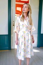 $325 Ganni Women's Yellow Short Sleeve Floral Wrap Dress Size FR 36/US 4