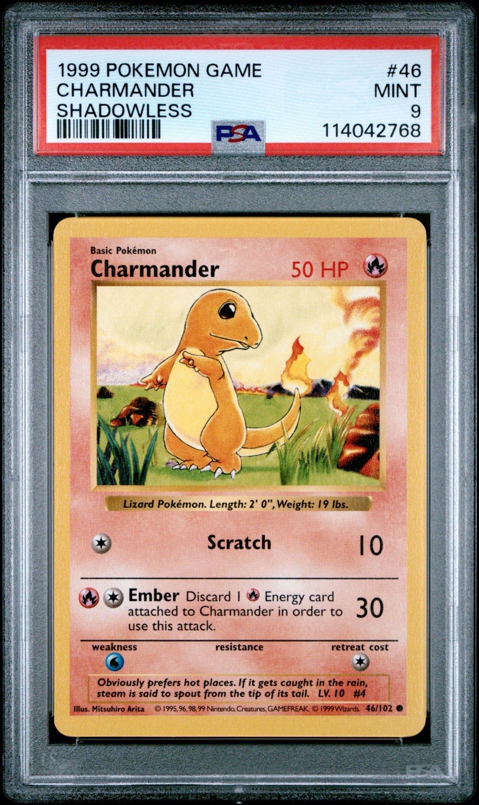 Pokemon Card Charmander 46/102 Shadowless Base Set 1999 PSA 9 MINT