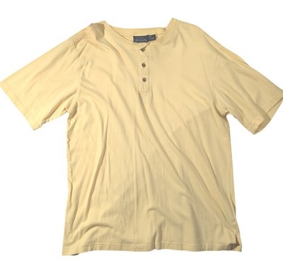 Basic Editions Yellow Henley T-Shirt Mens size L 100% Cotton Short Sleeve Casual