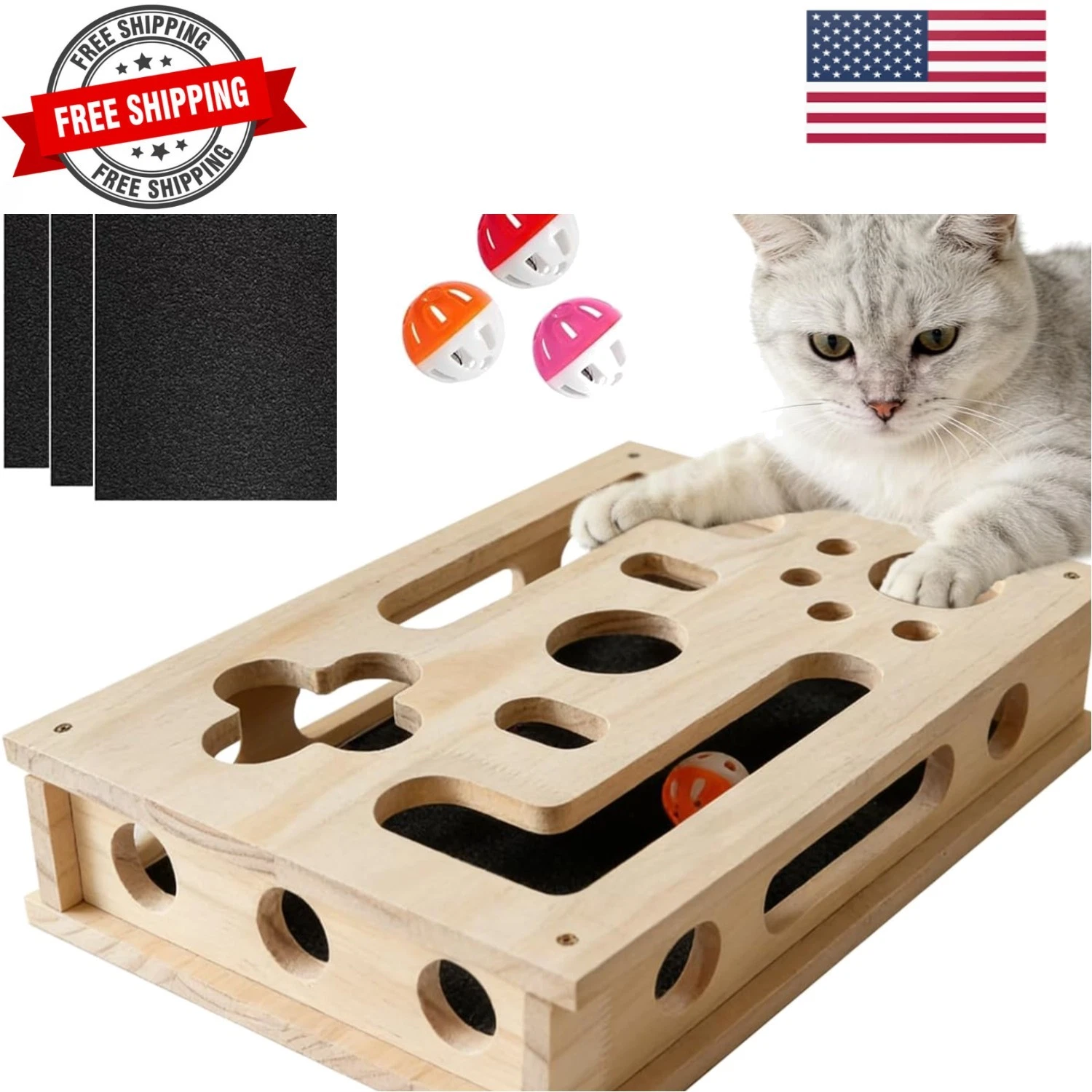 Cat Scratch Puzzle Enrichment Box, Large Space Solid Wood Cat Nail File Scrat...