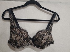 Frederick's of Hollywood Black Floral Lace Underwire Padded Bra Nude Lined 42B
