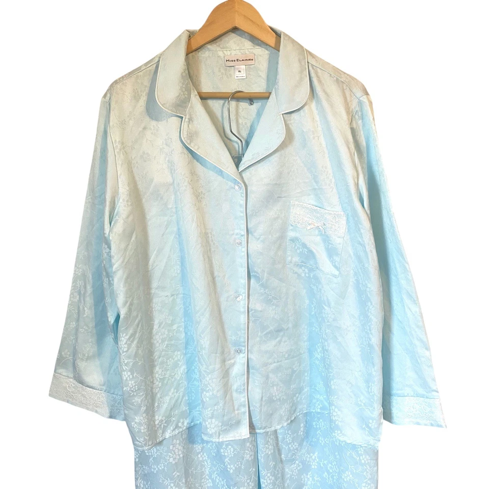 Miss Elaine Pajama Set XL Blue Brushed Back SATIN Long Sleeve Pants - Image 2 of 4