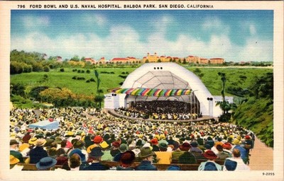 San Diego CA Ford Bowl And US Naval Hospital 1940s Scenic View Linen Postcard
