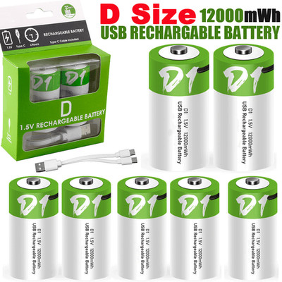 USB Rechargeable D Size Lithium ion Batteries LR20 1.5V 12000mWh with Cable Lot