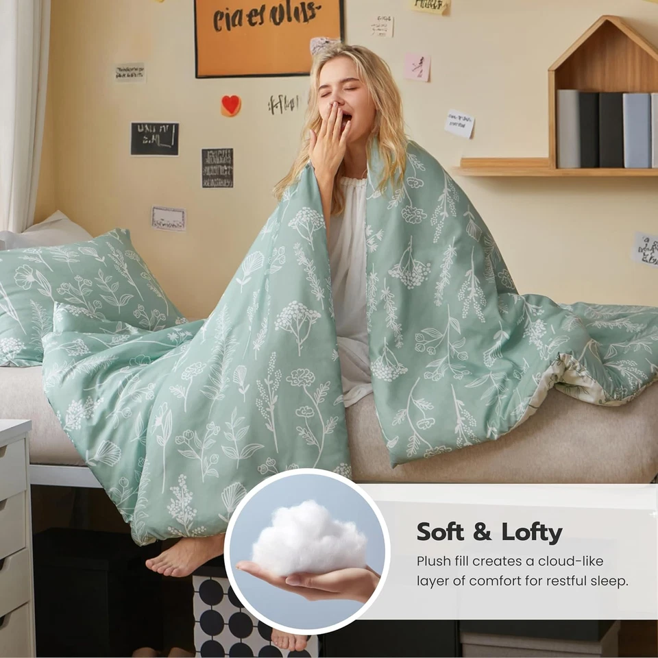 Juego de edredón floral verde salvia doble ropa de cama botánica reversible 2 piezas Foto 2 de 4