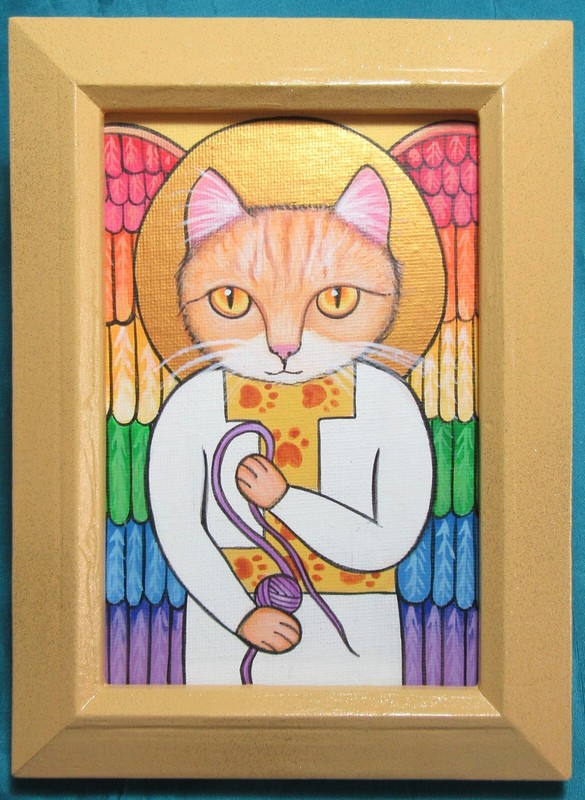 Ginger Orangey Cat Guardian Angel Original Small Framed Painting Medieval Style