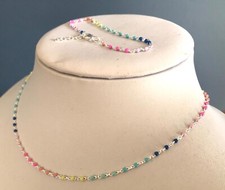 Multicolour necklace bracelet set, solid Sterling Silver enamel. Fine. Tiny bead