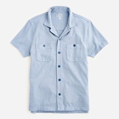 mens dusty blue dress shirt short sleeve J Crew Men's Camp Collar Garment Dyed Slub Harbor Shirt Dusty Cornflower  Blue