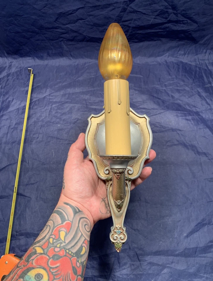 Par de apliques antiguos policromados “Riddle” pared Art Deco cableados 123B Foto 3 de 4