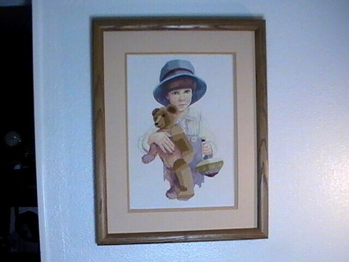 Boy Teddy Bear Completed Needlepoint Printed Embroidery Cross Stitch 19.5x16