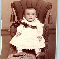 c1870s Unique Baby Boy in Fancy Mini Chair Throne Kid Dress CdV Photo Card H27