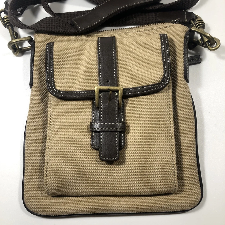 Bolso de mano Eddie Bauer de lona tostada de cuero con cremallera Bolso Bandolera Correa para el hombro en muy buena condición Foto 2 de 4