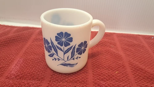Vintage Hazel Atlas Cornflower Milk Glass Coffee Mug Blue Flowers 1950s