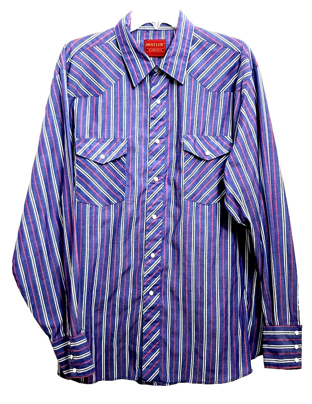 Rustler Western Shirt  X-Long Tails Cowboy Cut striped  Pearl Snaps 2 XL Rodeo