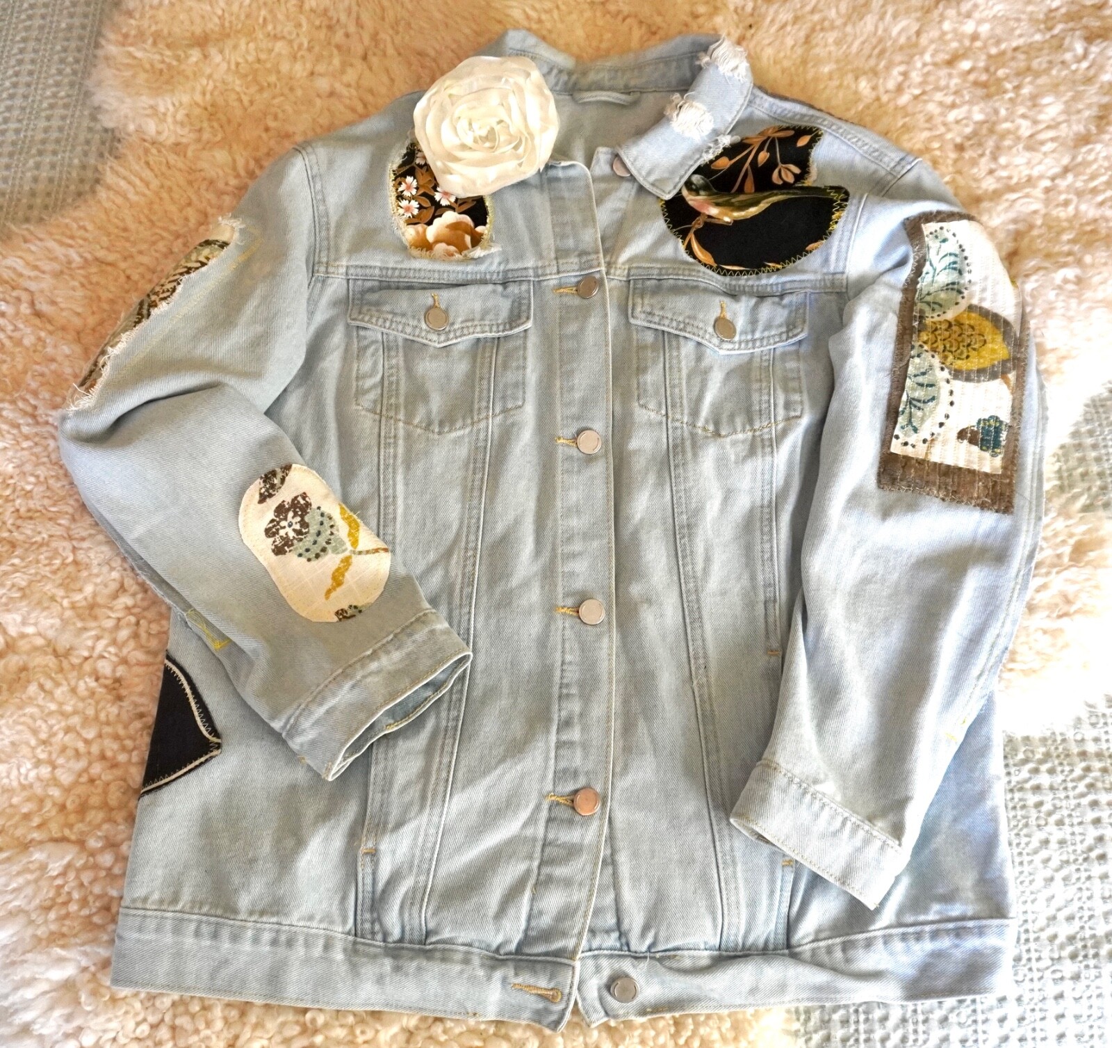 Denim Jean Jacket Patchwork Distressed Applique U… - image 17