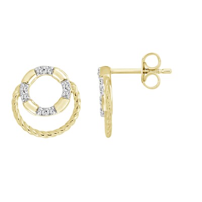 10K Yellow Gold 1/10 CT Natural Round Diamond Ladies Double Circle Earring