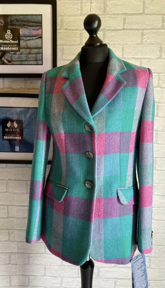 New Ladies Harris Tweed 100 Wool Green And Pink Check Jacket Size 20