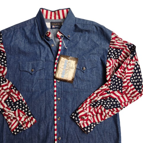 Vintage Panhandle Slim Women's Long Sleeve Denim USA Flag Button Up Size XL - Picture 5 of 9