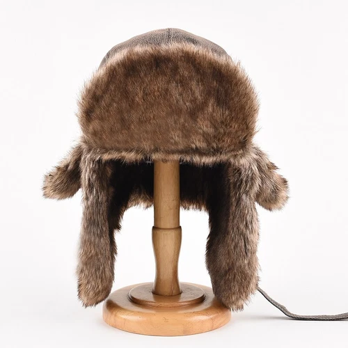 Men Russian Faux Leather Fur Hat Aviator Trapper Hat Winter Ski Ushanka Earflap - Picture 5 of 13