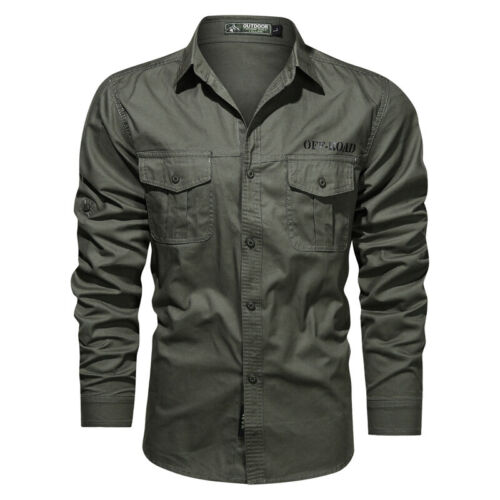Mens Military Shirts Clothes Long Sleeve Pockets Army Cotton Casual Shirts Tops - Picture 3 of 19
