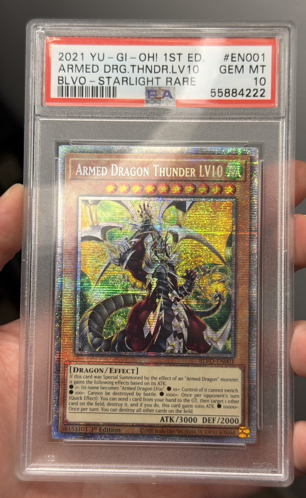 YuGiOh Armed Dragon Thunder LV10 BLVO-EN001 PSA 10 GEM MINT Starlight 1st Ed view 3