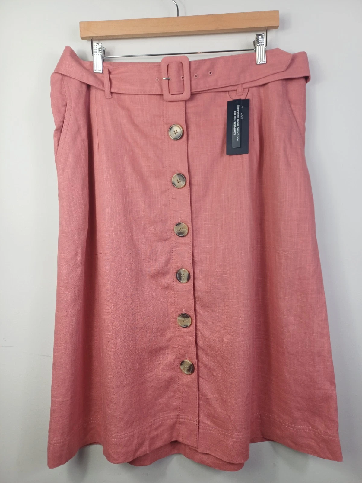 M&S Dusky Pink Linen Blend Midi Skirt Button Front Belt UK 18 New...