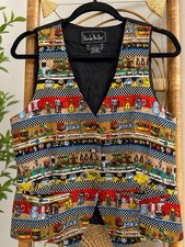 VTG 90s Nicole Miller Silk Vest M Barista Coffee Espresso Cafe Novelty Print
