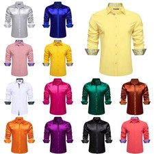 Mens Shirt Long Sleeve Paisley Floral Satin Plain Tops Wedding Formal Party Prom