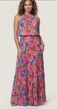 Xscape Chiffon Gown Pleated Halter Blouson Pink Floral Size 8 NWT $179