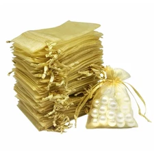 Gold Organza Bags, 2.8x3.6 inches Small Mesh Bag Drawstring Pouches Gift Bags