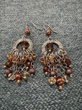 Vintage Gold-Tone Brown Beaded Dangle Drop Ea...
