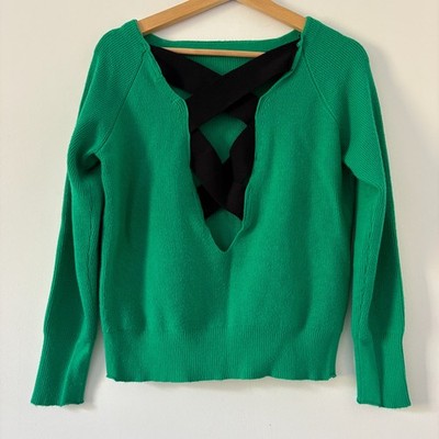 Maje Pullover Gr. S/M grün Wollmischung Langarm gekreuzter Rücken