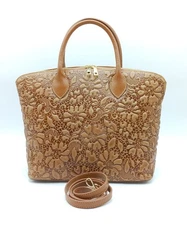 Brown Italian Genuine Leather Floral Embossed Handbag Satchel – Made In Italy