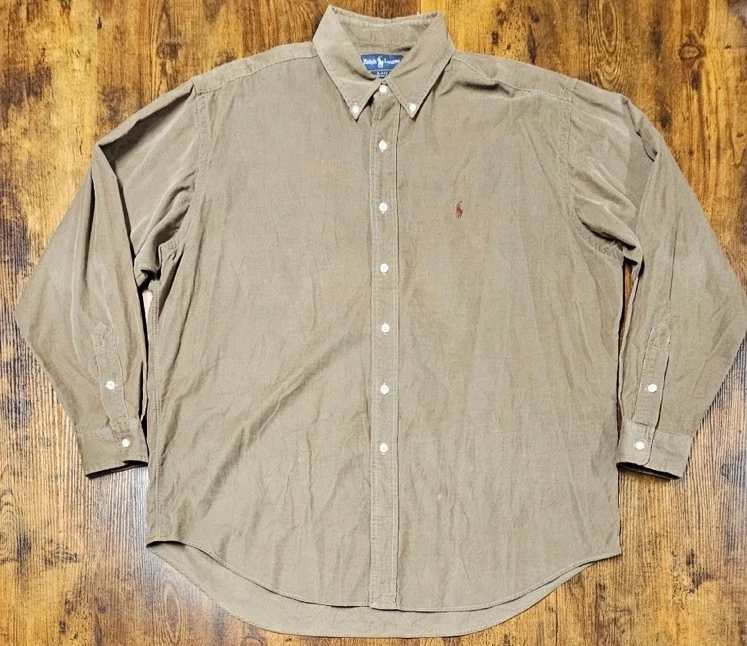 Ralph Lauren Button Down Shirt Blake Corduroy Cotton Tan Long Sleeve Men's XL