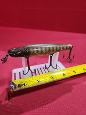 Vintage Creek Chub PIKIE Wooden 5 Inch Long Fishing Lure Green / Tan - Barred !!