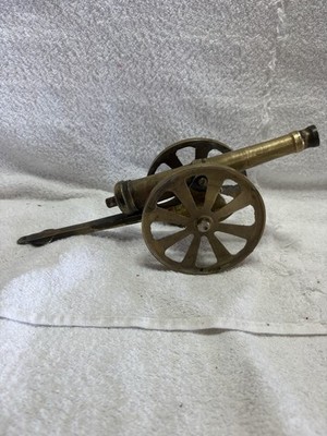 Vintage Solid Brass Field Artillery Canon 1960 Mid Century  11.5 L Wheels Are 4 