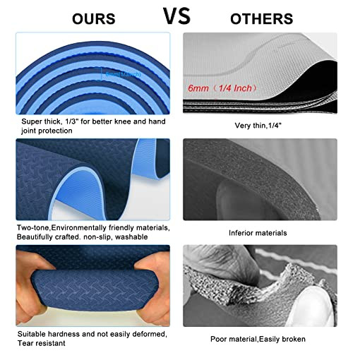 1/3 Inch Thick Blue TPE Non-Slip Yoga Mat High-Density 8mm Exercise Mat