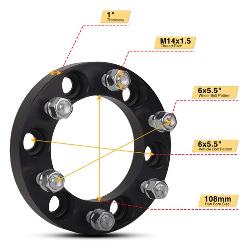 4pc 1'' For Chevy GMC Wheel Spacers Adapters | 6x5.5 to 6x5.5 14x1.5 | 6 Lug - Picture 2 of 10