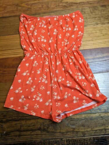 Forever 21 Small Strapless Romper Floral Red/Orange Short Summer Soft Stretchy - Picture 2 of 5