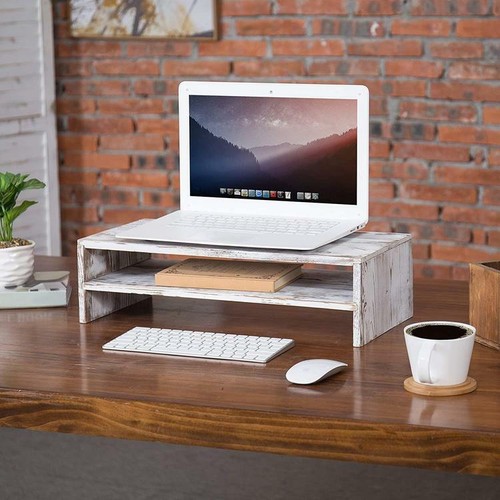 2-Tier Rustic Decorative Whitewashed Wood Computer Monitor Stand & Desktop Shelf - Picture 2 of 5
